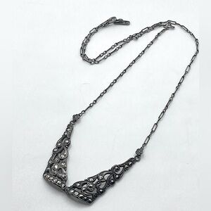 Antique 1920s Sterling Marcasite Floral Accent Chain Necklace | 17” Vtg Art Deco